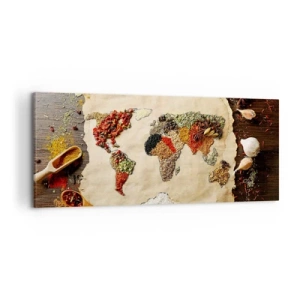 Impression sur toile - Image sur toile - Une carte du monde faite d'épices sur un fond en bois. - 120x50cm - Toutes les saveurs du monde - Décoration murale moderne pour le salon et la chambre ARTTOR