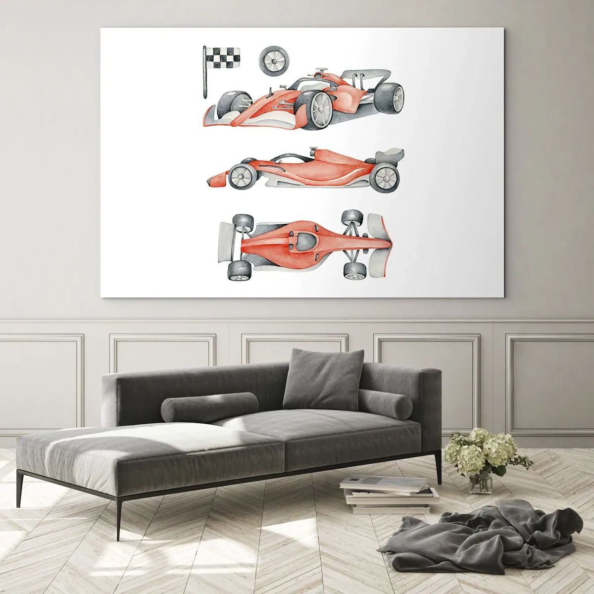 Impression sur verre - Image sur verre - Illustration en trois plans d'une voiture de course rouge avec un drapeau de course - 100x70cm - poursuis ton rêve - Décoration murale moderne pour le salon et la chambre ARTTOR