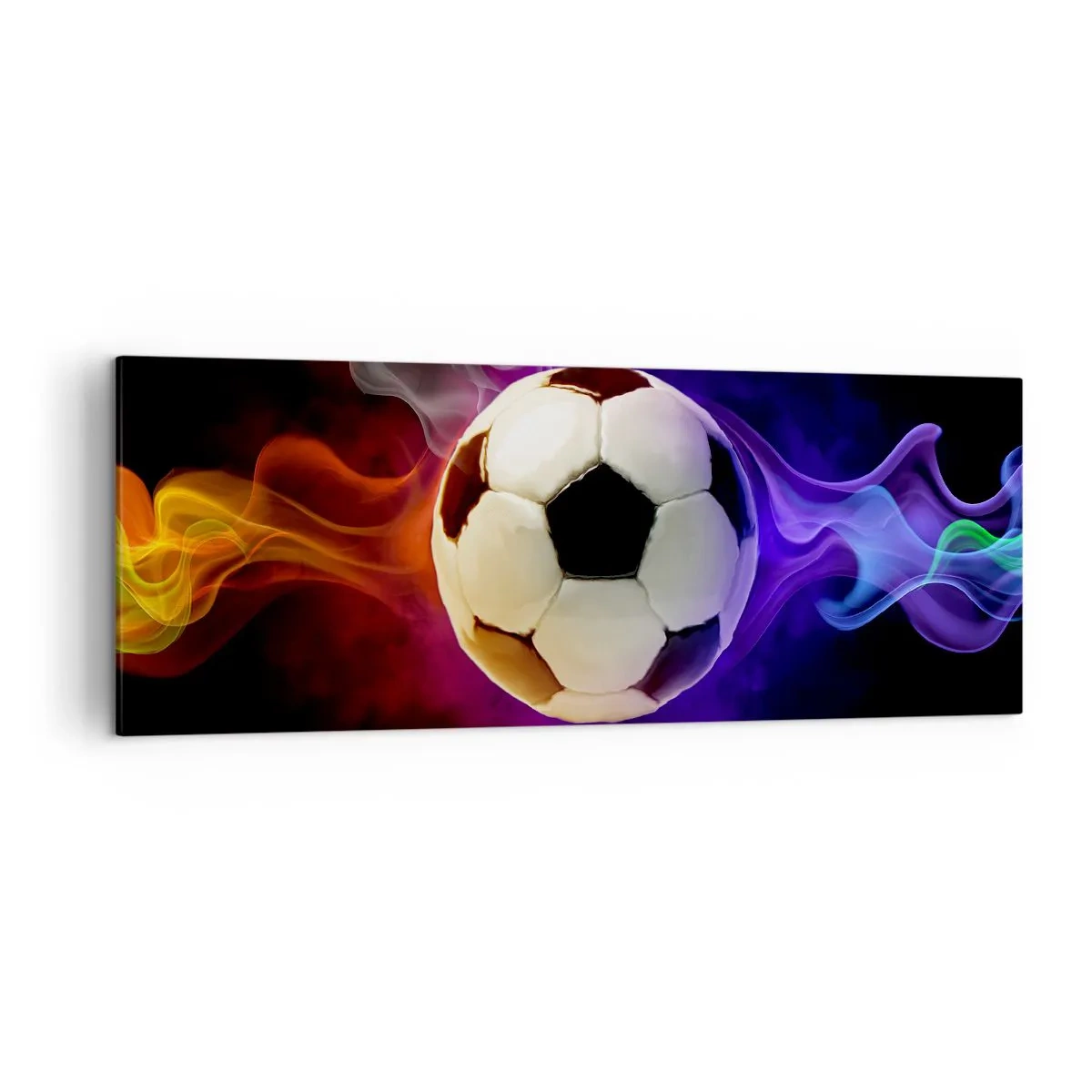Impression sur toile - Image sur toile - Un ballon de football entouré d'effets de fumée colorés sur un fond sombre. - 140x50cm - Le pouvoir magique du jeu - Décoration murale moderne pour le salon et la chambre ARTTOR