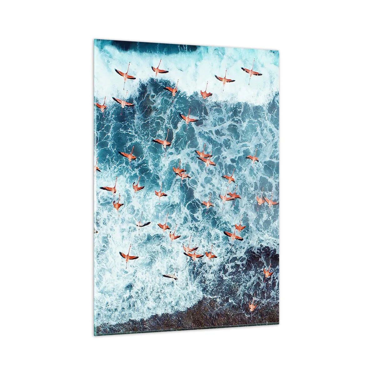 Impression sur verre - Image sur verre - Flamants roses au-dessus des vagues agitées de l'océan - 50x70cm - Défilé du bord de mer - Décoration murale moderne pour le salon et la chambre ARTTOR