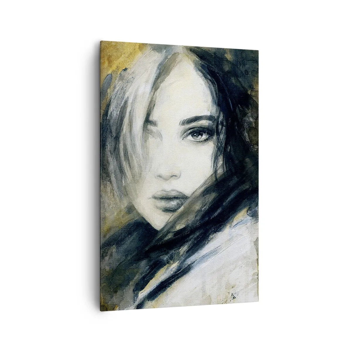 Impression sur toile - Image sur toile - Portrait d'une femme sur fond de taches abstraites dans les tons beiges - 80x120cm - plutôt innocente ou sensuelle ? - Décoration murale moderne pour le salon et la chambre ARTTOR