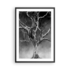 Affiche dans un cadre noir - Poster - Image en noir et blanc d'un arbre sur fond de brouillard - 50x70cm - Primordial et sacré - Décoration murale moderne pour le salon et la chambre ARTTOR