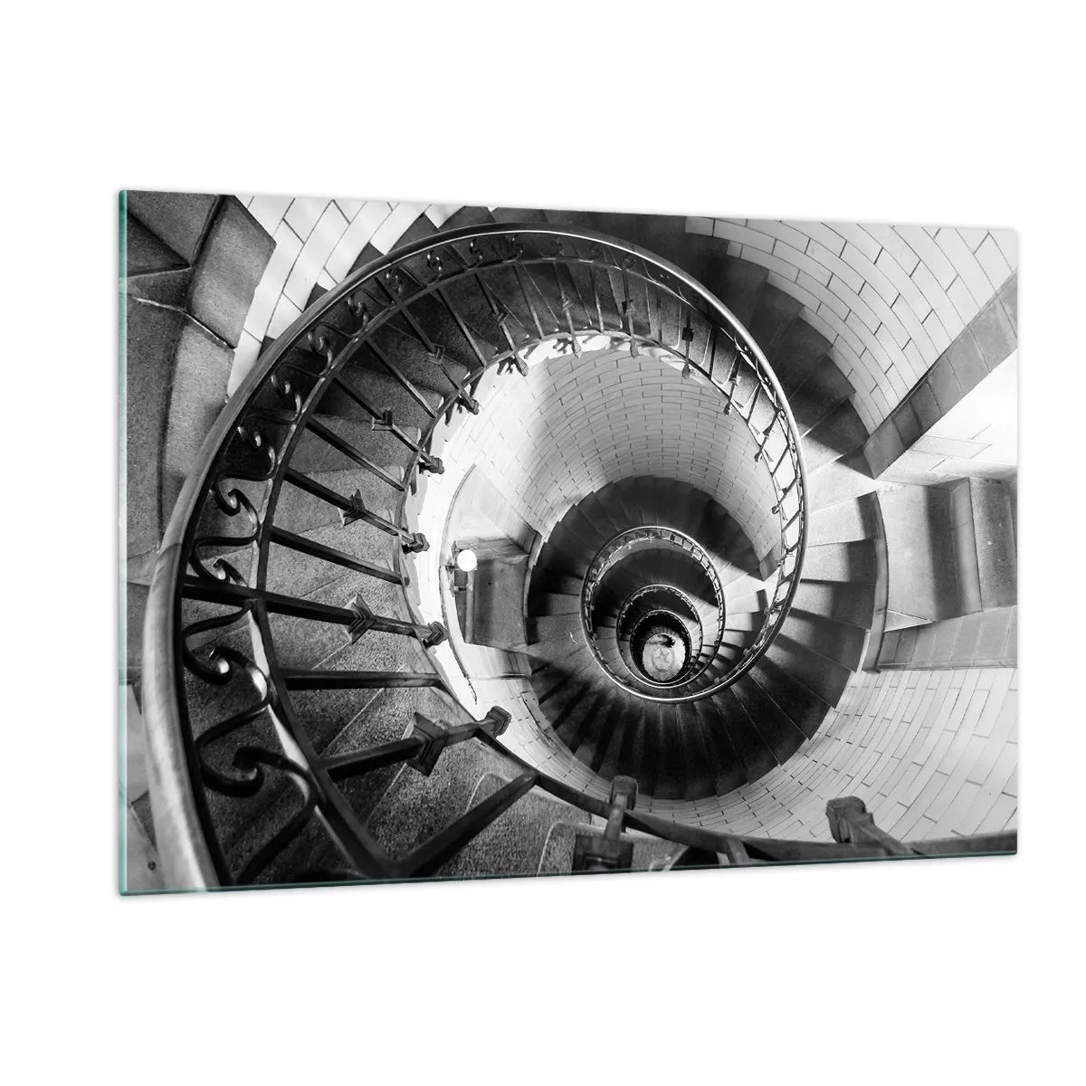 Impression sur verre - Image sur verre - Photo en noir et blanc d'un escalier en colimaçon en perspective - 120x80cm - De plus en plus haut - Décoration murale moderne pour le salon et la chambre ARTTOR