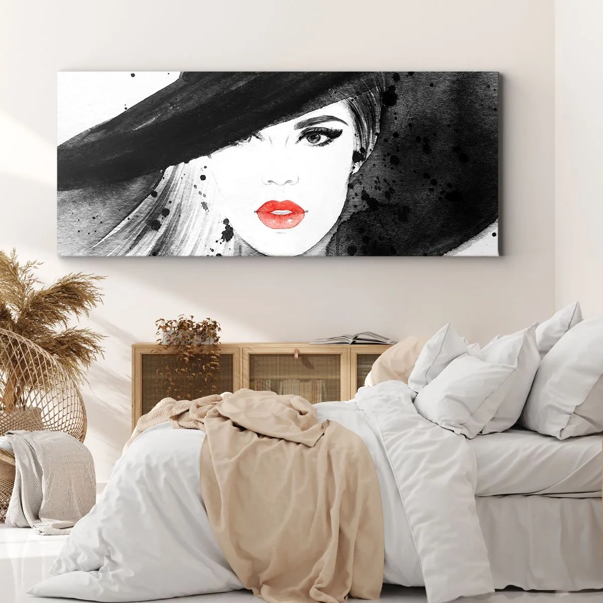 Impression sur toile - Image sur toile - Portrait d'une femme au chapeau et aux lèvres rouges - 160x50cm - Dame en noir - Décoration murale moderne pour le salon et la chambre ARTTOR