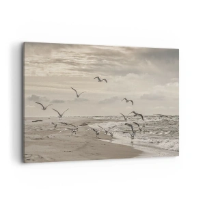 Impression sur toile - Image sur toile - Une mouette en vol au-dessus d'un paysage balnéaire - 120x80cm - Le bruit de la mer, le chant des oiseaux - Décoration murale moderne pour le salon et la chambre ARTTOR