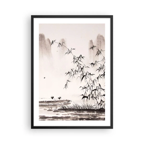 Affiche dans un cadre noir - Poster - Un paysage minimaliste avec du bambou dans un style oriental. - 50x70cm - Le silence des rizières - Décoration murale moderne pour le salon et la chambre ARTTOR