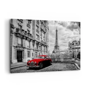 Impression sur toile - Image sur toile - Une voiture rouge avec la Tour Eiffel en arrière-plan dans un décor noir et blanc - 100x70cm - Prédateur dans la ville - Décoration murale moderne pour le salon et la chambre ARTTOR