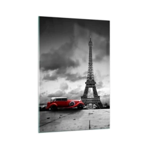 Impression sur verre - Image sur verre - Voiture rétro rouge devant la Tour Eiffel en noir et blanc - 70x100cm - Il n'y a pas si longtemps à Paris - Décoration murale moderne pour le salon et la chambre ARTTOR