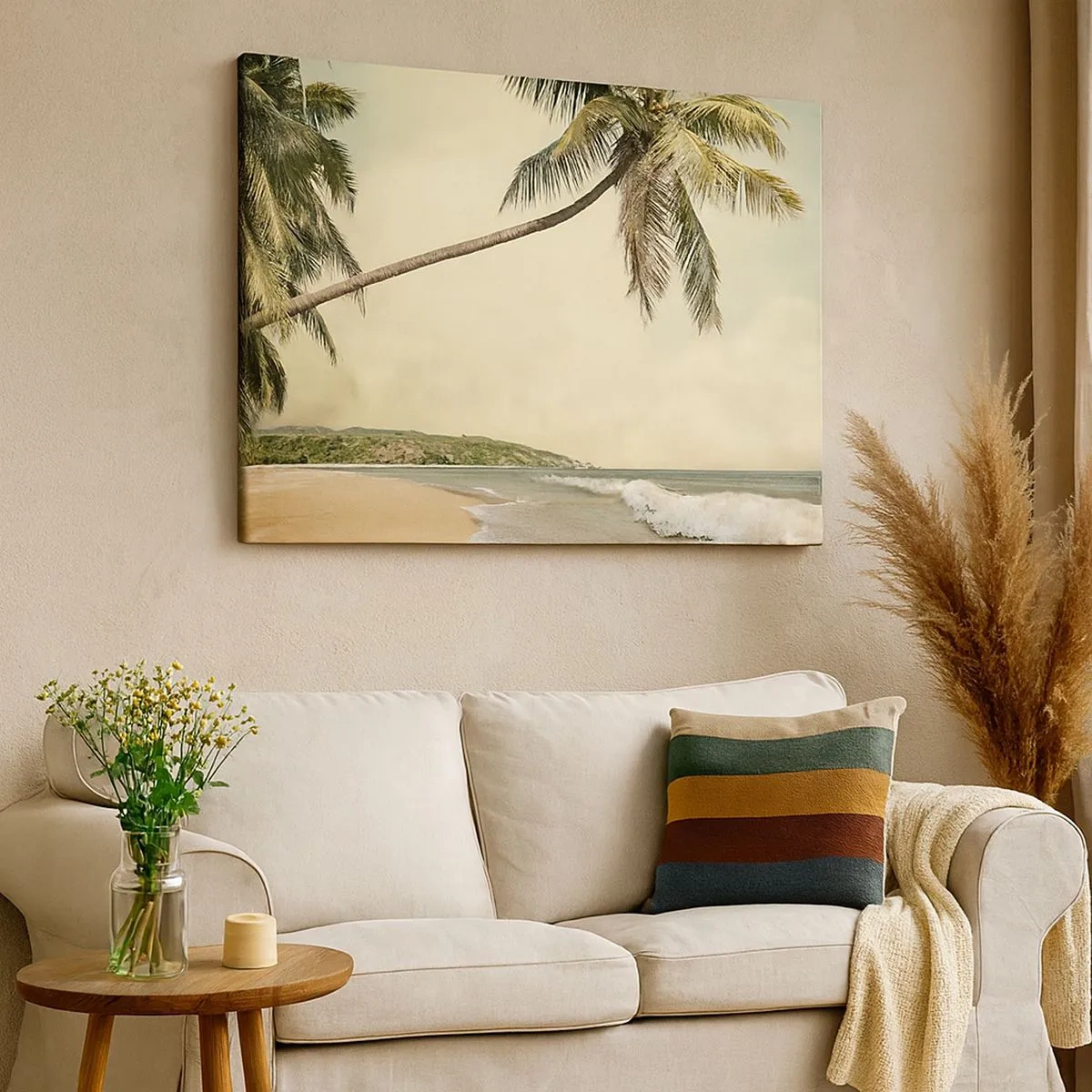 Impression sur toile - Image sur toile - Une plage avec des palmiers sur fond de mer calme - 70x50cm - Rêve tropical - Décoration murale moderne pour le salon et la chambre ARTTOR