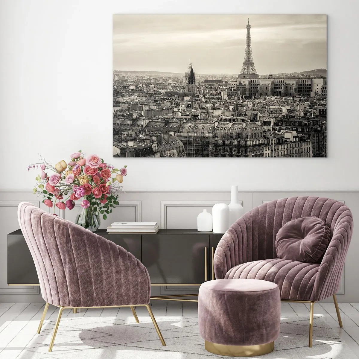 Impression sur verre - Image sur verre - Un panorama de Paris avec vue sur la Tour Eiffel dans des tons sépia - 70x50cm - Sur les toits de Paris - Décoration murale moderne pour le salon et la chambre ARTTOR