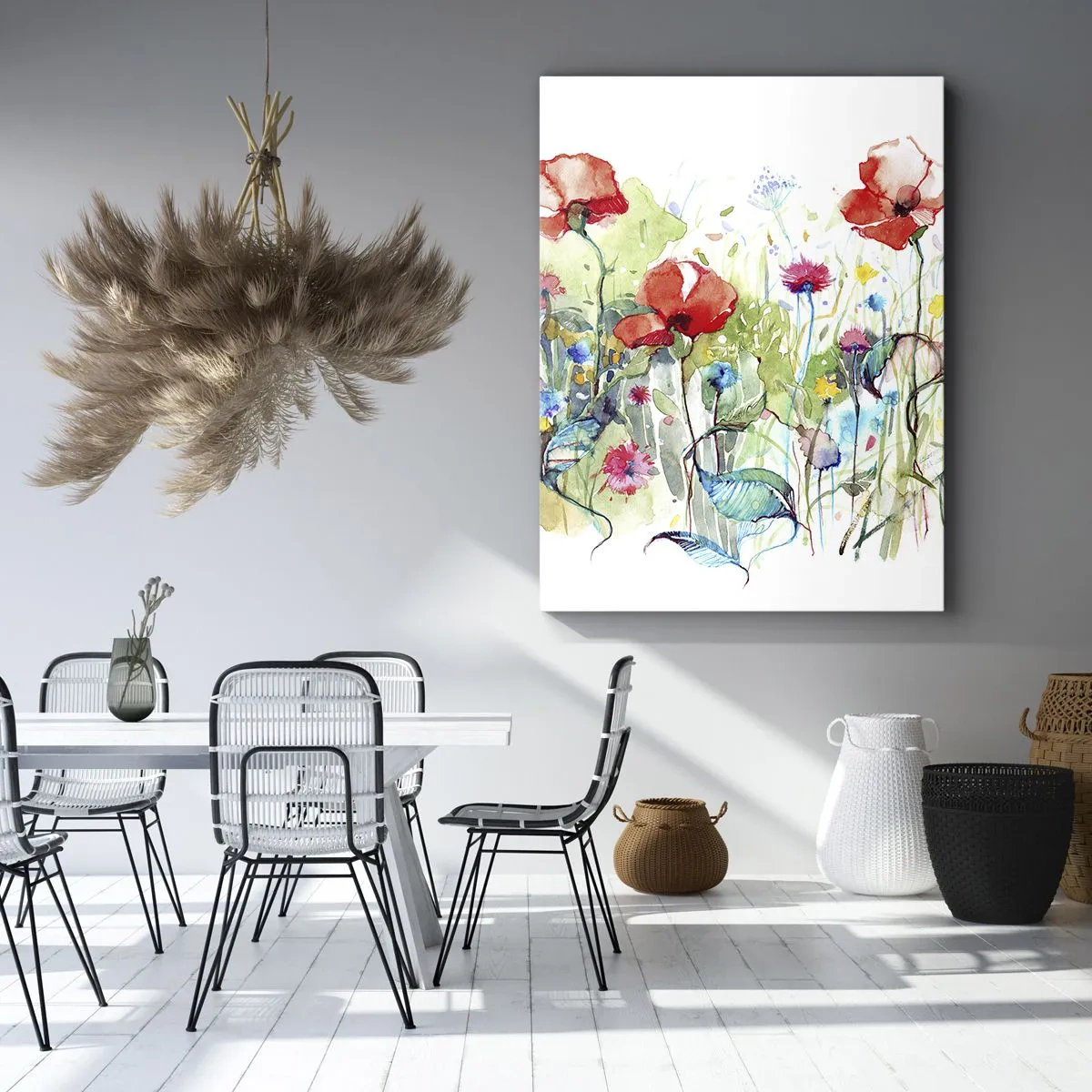 Impression sur toile - Image sur toile - Une prairie avec des coquelicots rouges et des fleurs colorées à l'aquarelle - 50x70cm - Prairie de fleurs en mai - Décoration murale moderne pour le salon et la chambre ARTTOR