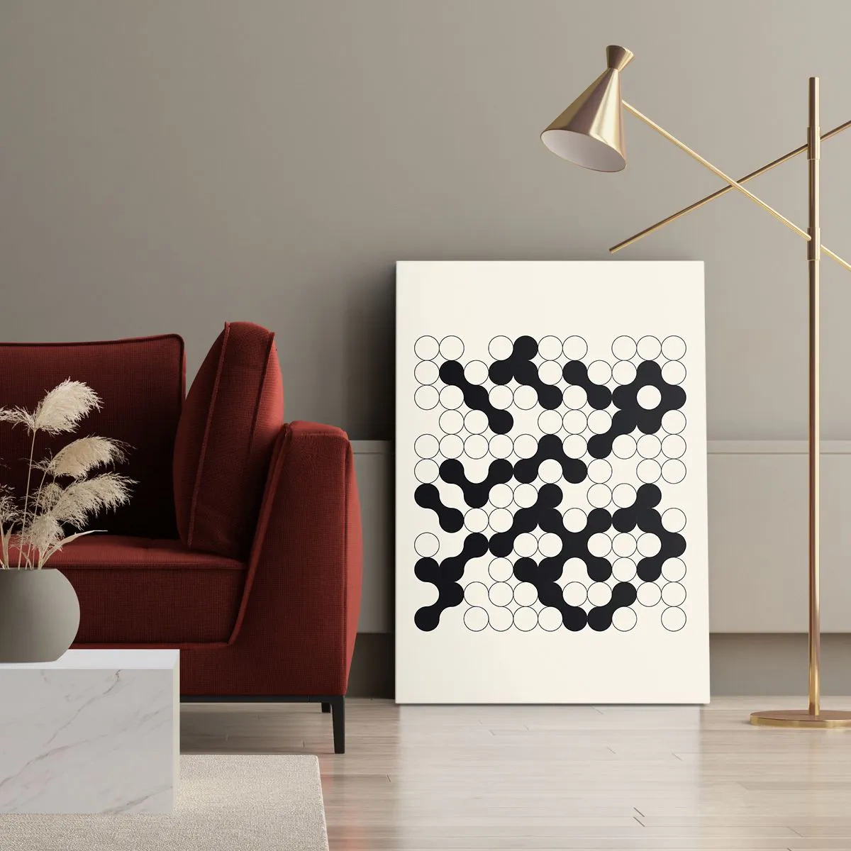 Impression sur toile - Image sur toile - Motifs noirs et blancs avec des cercles sur fond clair - 80x120cm - Jeu chinois – variation - Décoration murale moderne pour le salon et la chambre ARTTOR