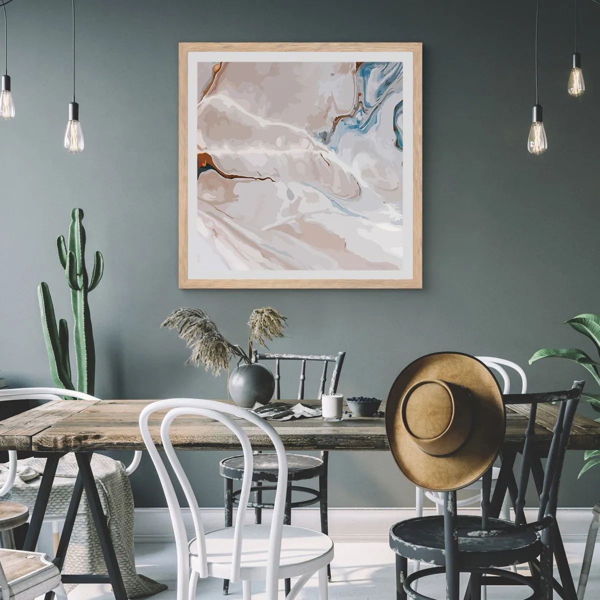 Affiche dans un chêne clair - Poster - Le bleu serpente sous le blanc - 60x60 cm