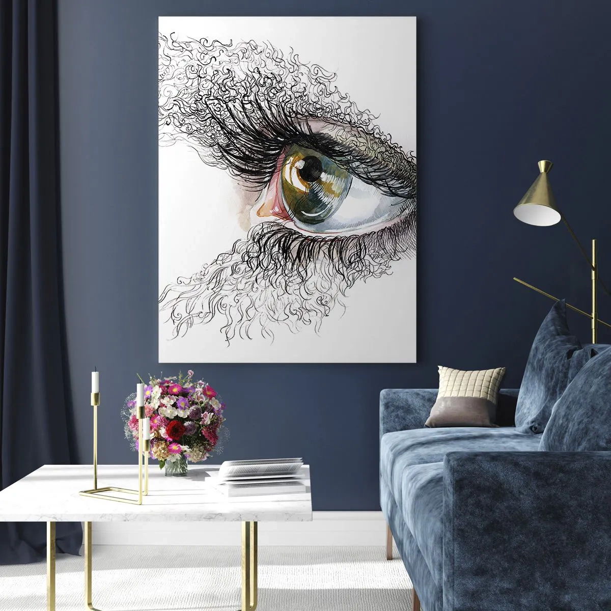 Impression sur verre - Image sur verre - Un œil doré entouré de lignes dynamiques et de détails abstraits - 50x70cm - Regarde droit dans l'âme - Décoration murale moderne pour le salon et la chambre ARTTOR