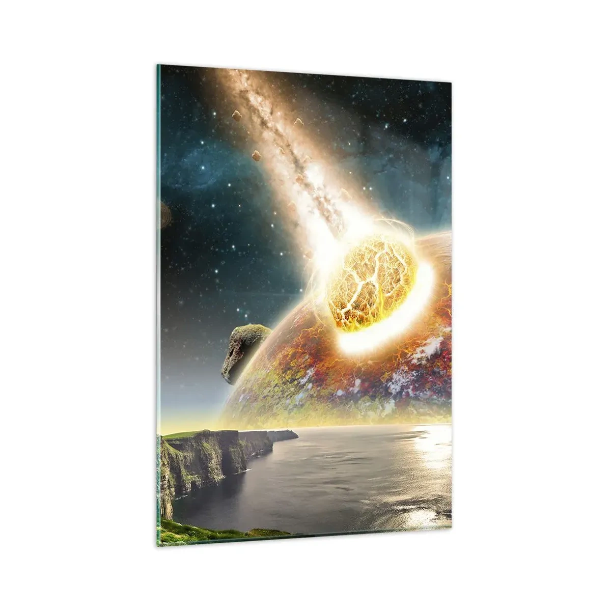 Impression sur verre - Image sur verre - Une météorite entre en collision avec une planète dans un paysage cosmique. - 80x120cm - Drame spatial - Décoration murale moderne pour le salon et la chambre ARTTOR
