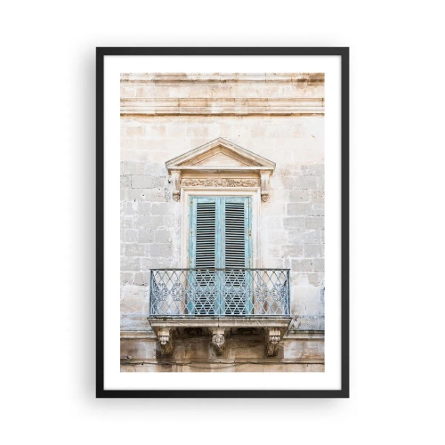 Affiche dans un cadre noir - Poster - Balcon historique aux volets bleus de style méditerranéen - 50x70cm - Le charme unique de l'Italie - Décoration murale moderne pour le salon et la chambre ARTTOR