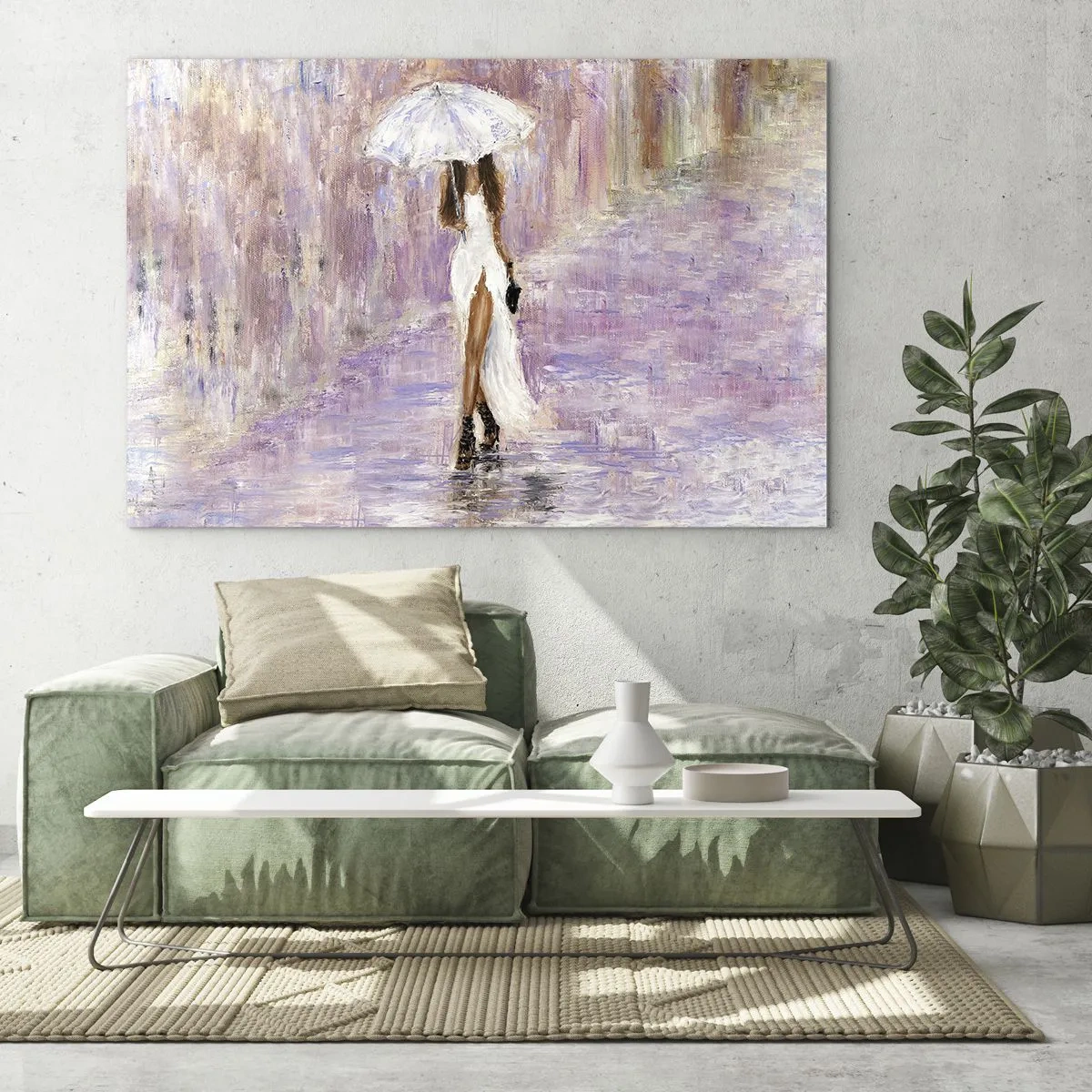 Impression sur verre - Image sur verre - Figure d'une femme avec un parapluie dans une scène de pluie lilas - 100x70cm - Sous la pluie lilas - Décoration murale moderne pour le salon et la chambre ARTTOR