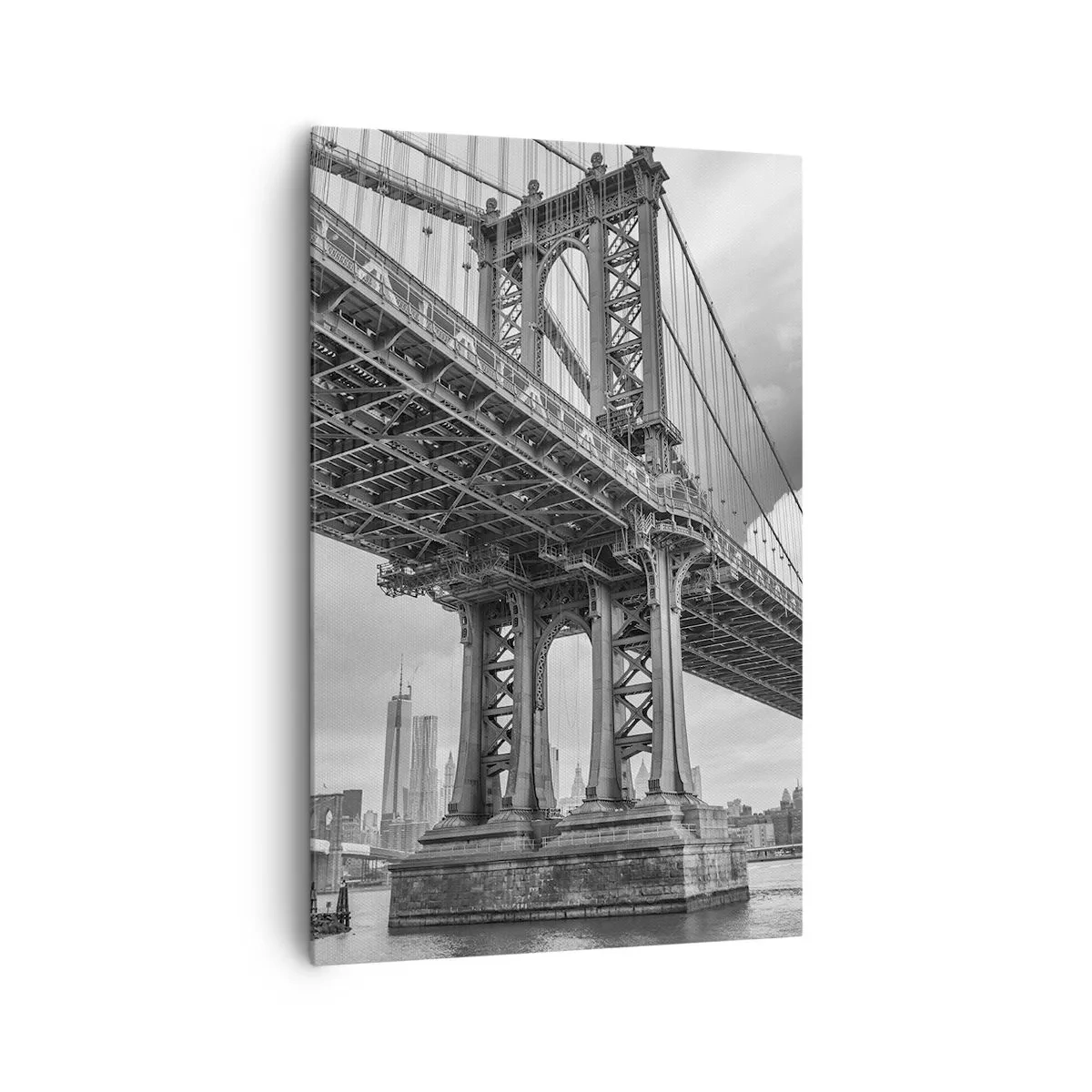 Impression sur toile - Image sur toile - Un pont en noir et blanc avec vue sur la ville - 80x120cm - Au coeur de la ville - Décoration murale moderne pour le salon et la chambre ARTTOR