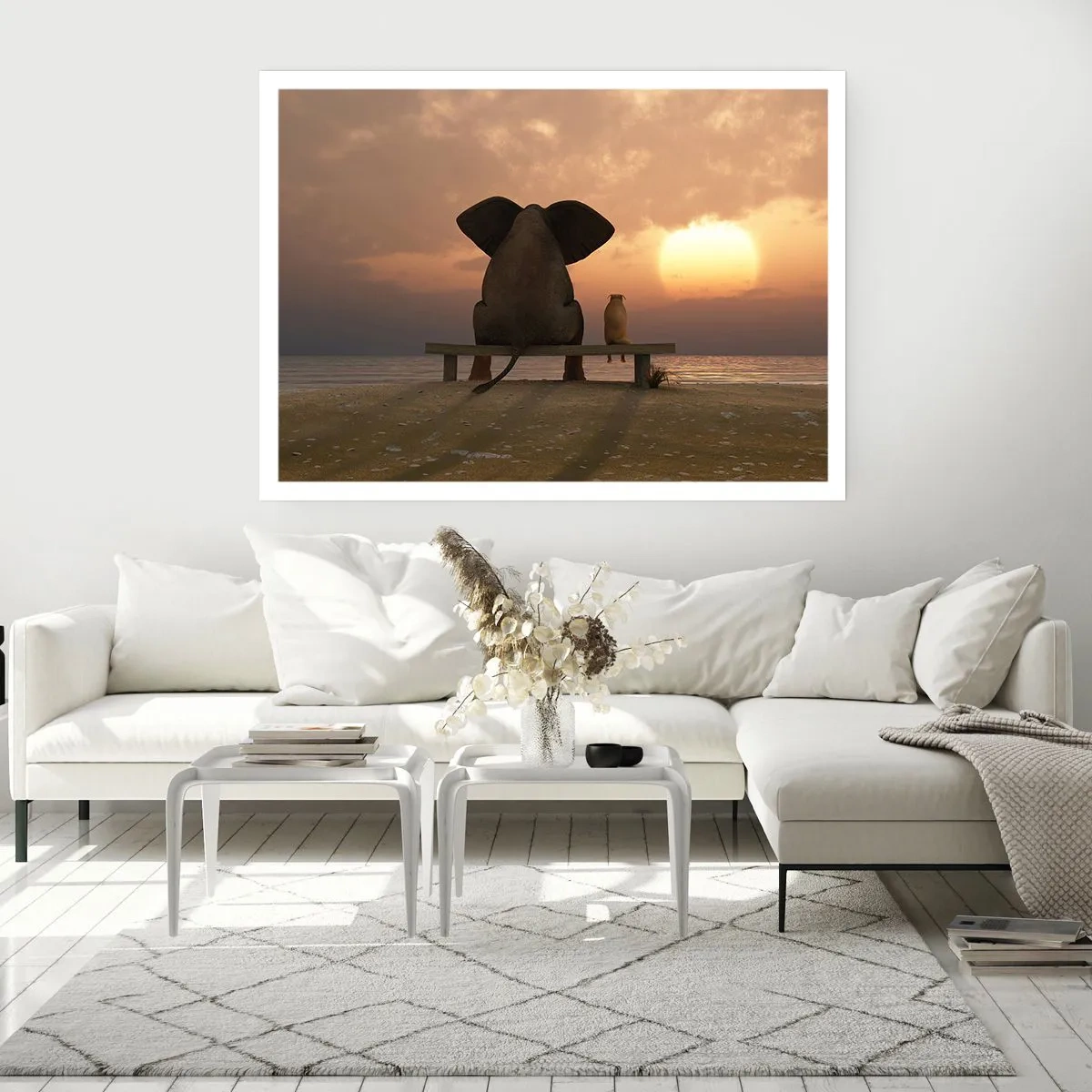 Affiche - Poster - Un éléphant et un chien sont assis sur un banc sur la plage au coucher du soleil. - 100x70cm - C'est bon de garder le silence ensemble - Décoration murale moderne pour le salon et la chambre ARTTOR