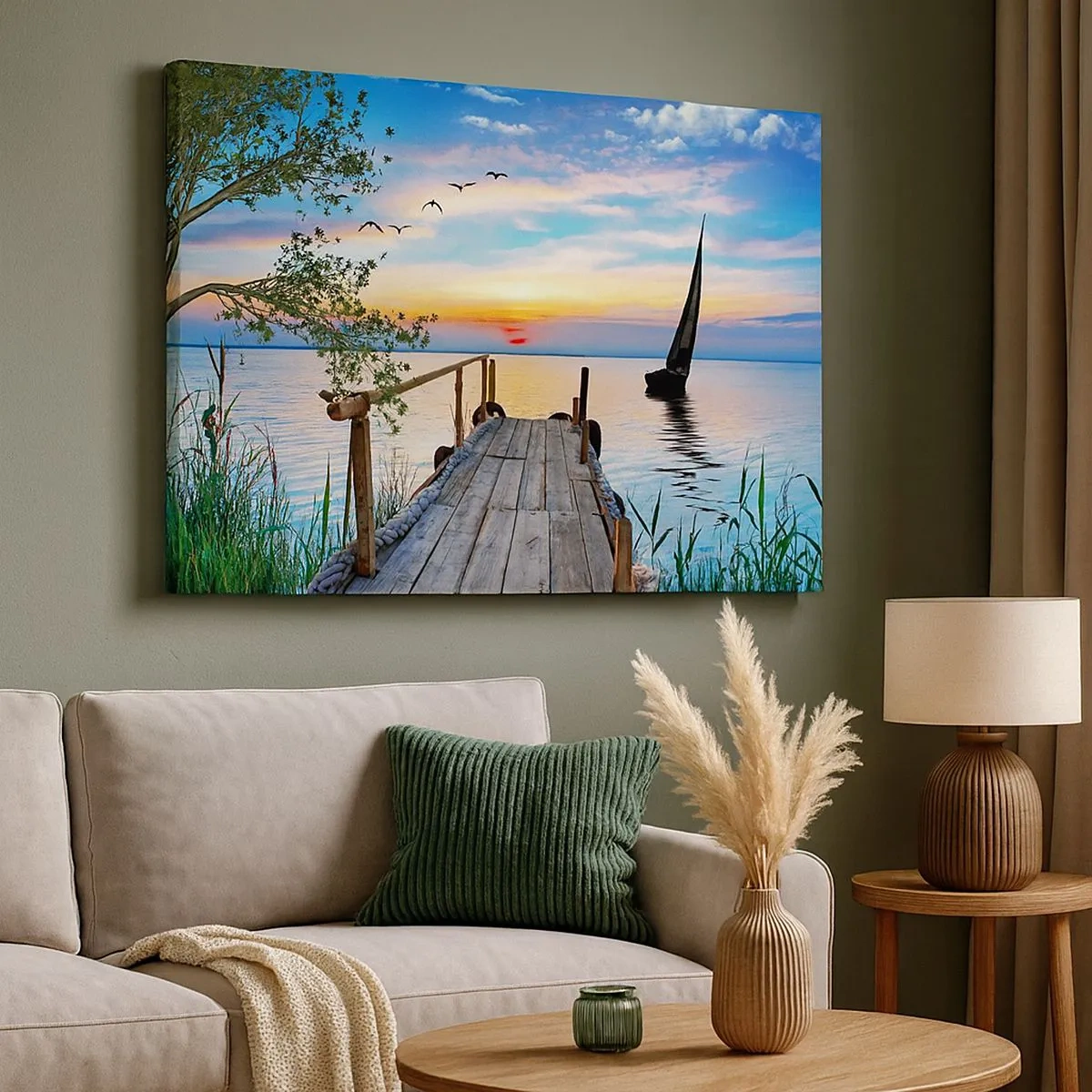 Impression sur toile - Image sur toile - Jetée du lac avec bateau et coucher de soleil - 70x50cm - Bonsoir! - Décoration murale moderne pour le salon et la chambre ARTTOR