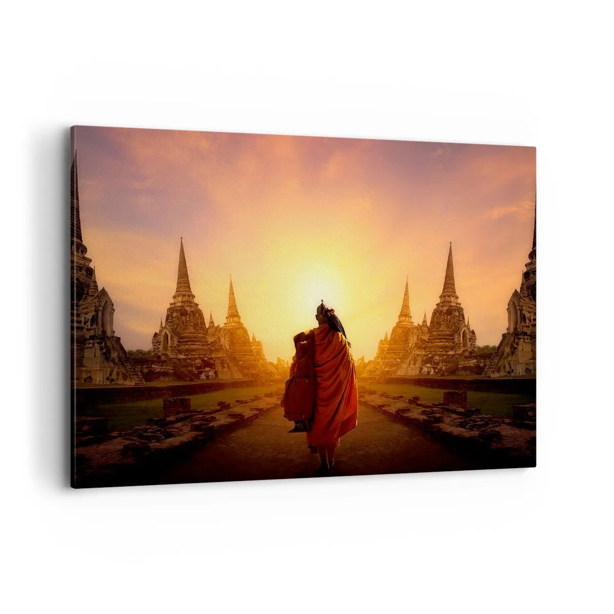 Impression sur toile - Image sur toile - Un moine parmi les temples au coucher du soleil - 100x70cm - En paix pour l'éternité - Décoration murale moderne pour le salon et la chambre ARTTOR