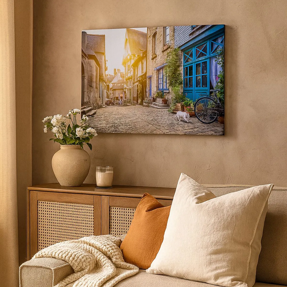Impression sur toile - Image sur toile - Une charmante rue pavée au soleil - 70x50cm - Aux confins du monde - Décoration murale moderne pour le salon et la chambre ARTTOR
