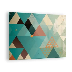 Impression sur verre - Image sur verre - Géométrie dans les tons turquoise et marron avec des triangles - 70x50cm - Unité de la multiplicité, multiplicité de l'unité - Décoration murale moderne pour le salon et la chambre ARTTOR
