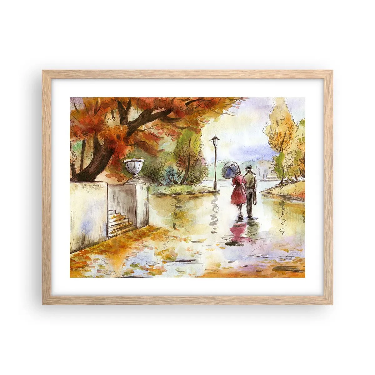 Affiche dans un chêne clair - Poster - Automne romantique dans le parc - 50x40 cm