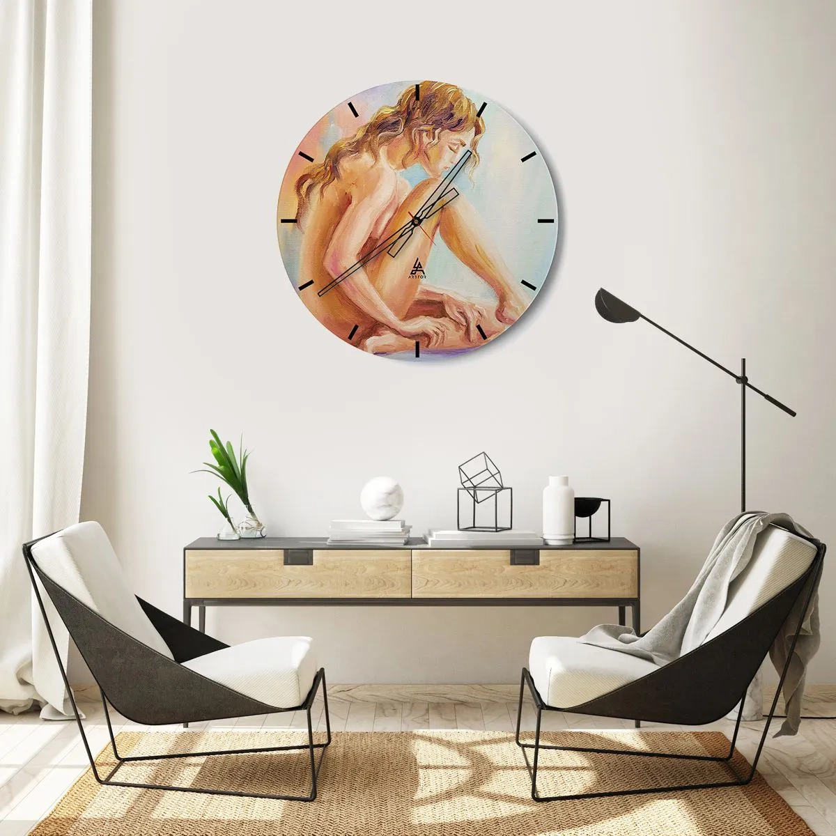 Horloge murale - Pendule murale - Portrait artistique d'une femme assise - 30x30cm - Acte de jeunesse - Décoration murale moderne pour le salon, la cuisine et la chambre ARTTOR