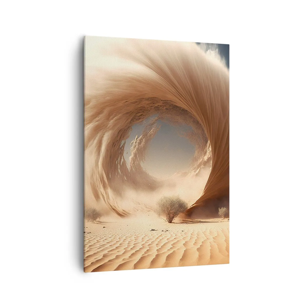 Impression sur toile - Image sur toile - Tourbillon de sable dynamique dans un désert avec des arbres - 70x100cm - Portail ouvert - Décoration murale moderne pour le salon et la chambre ARTTOR