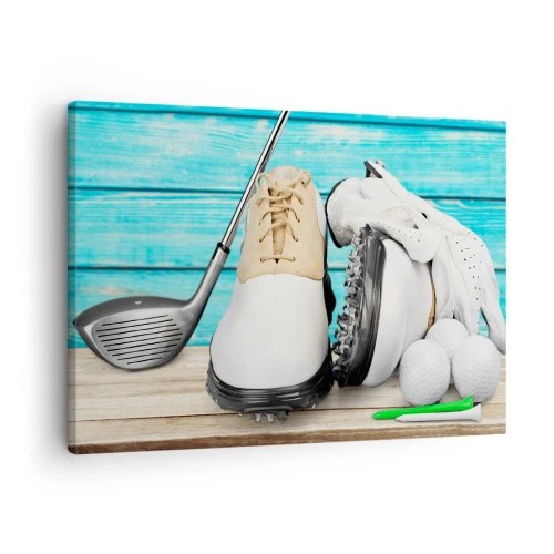 Impression sur toile - Image sur toile - Un ensemble d'accessoires de golf sur un fond en bois - 70x50cm - Tout est prêt - Décoration murale moderne pour le salon et la chambre ARTTOR