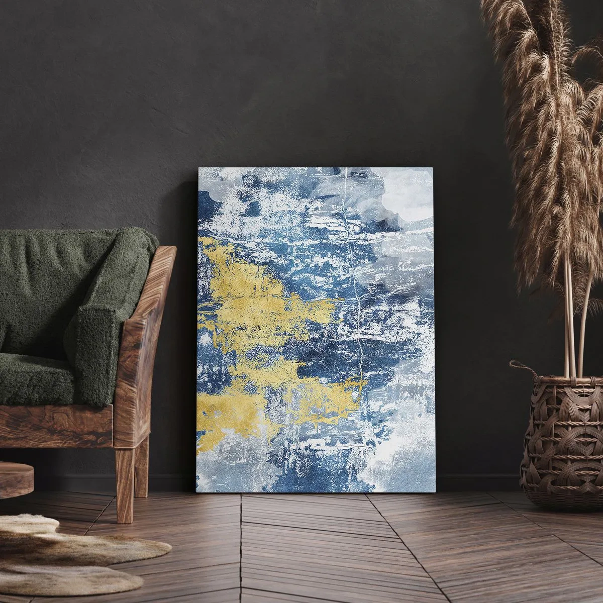 Impression sur toile - Image sur toile - Abstraction dans les tons de bleu et de jaune - 50x70cm - Abstraction du temps - Décoration murale moderne pour le salon et la chambre ARTTOR