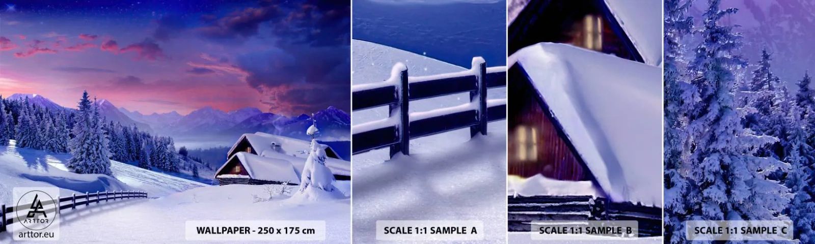 Échantillon de Papier Peint Autocollant Deluxe Sticker - Douce nuit - Paysage, Hiver, Alpes - 100x30 cm