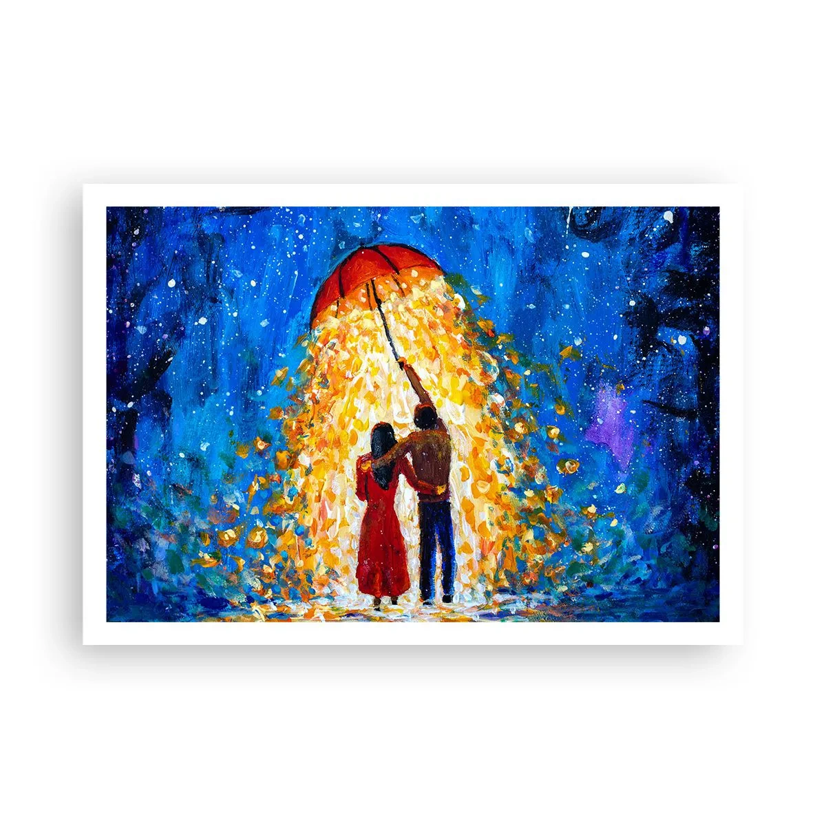 Affiche - Poster - Un couple sous un parapluie rouge sous la pluie lumineuse - 100x70cm - La magie d'une soirée pluvieuse ? - Décoration murale moderne pour le salon et la chambre ARTTOR