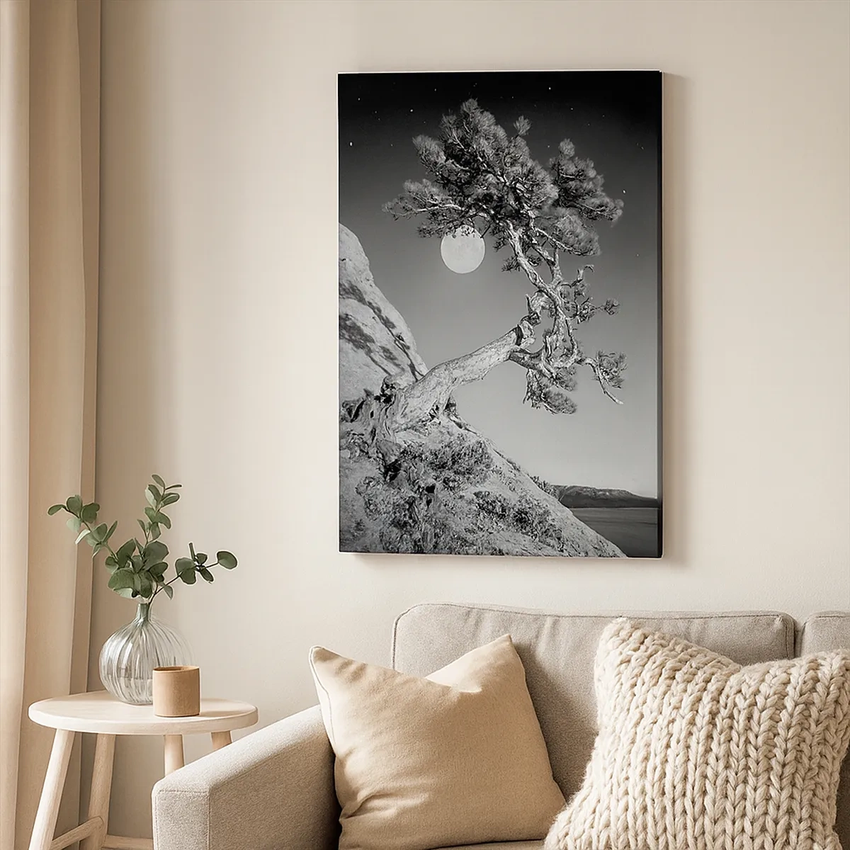 Impression sur toile - Image sur toile - Arbre noir et blanc sur une falaise avec la lune en arrière-plan - 50x70cm - Un combattant vainqueur - Décoration murale moderne pour le salon et la chambre ARTTOR