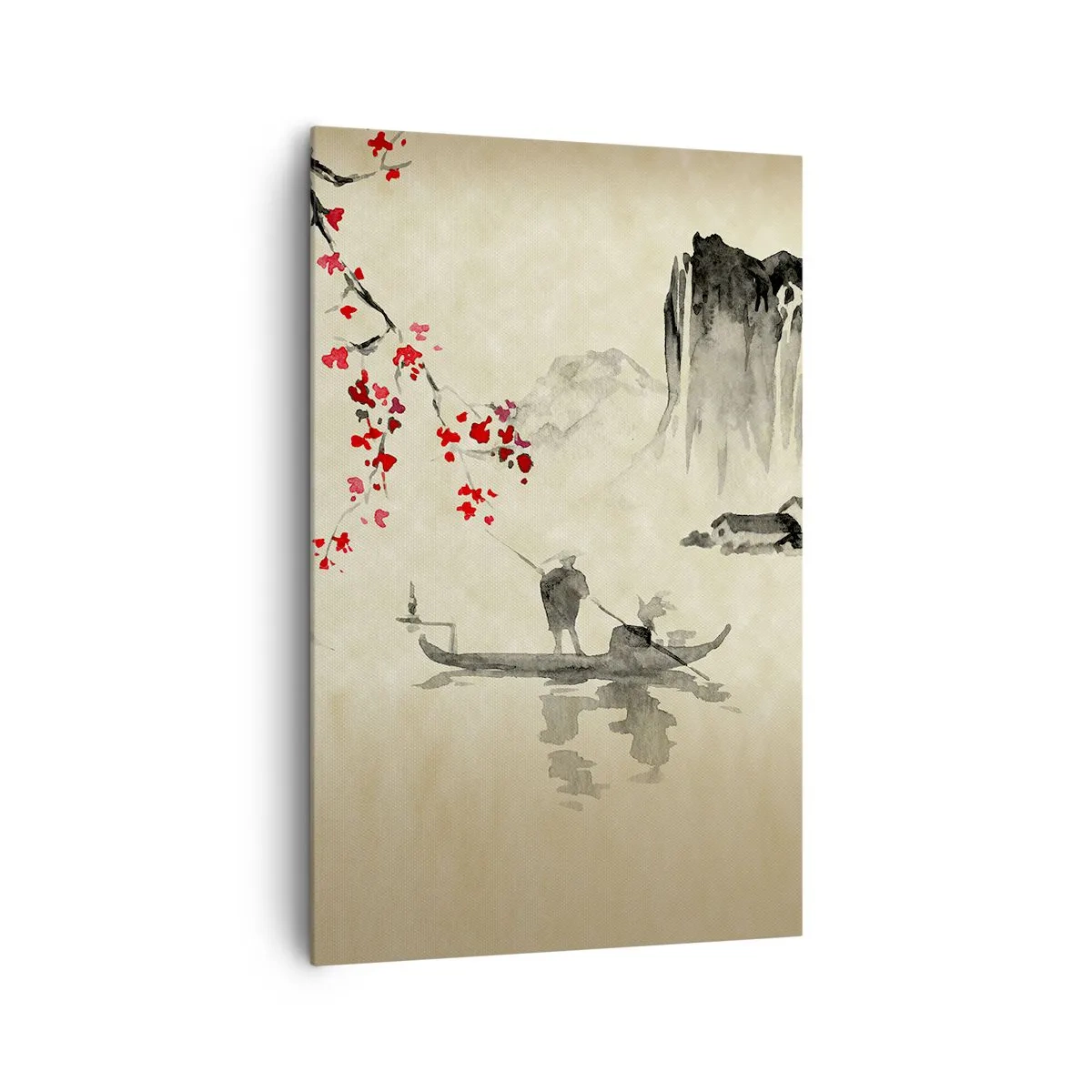 Impression sur toile - Image sur toile - Illustration orientale avec un bateau et une branche fleurie - 80x120cm - Au pays des cerisiers en fleurs - Décoration murale moderne pour le salon et la chambre ARTTOR