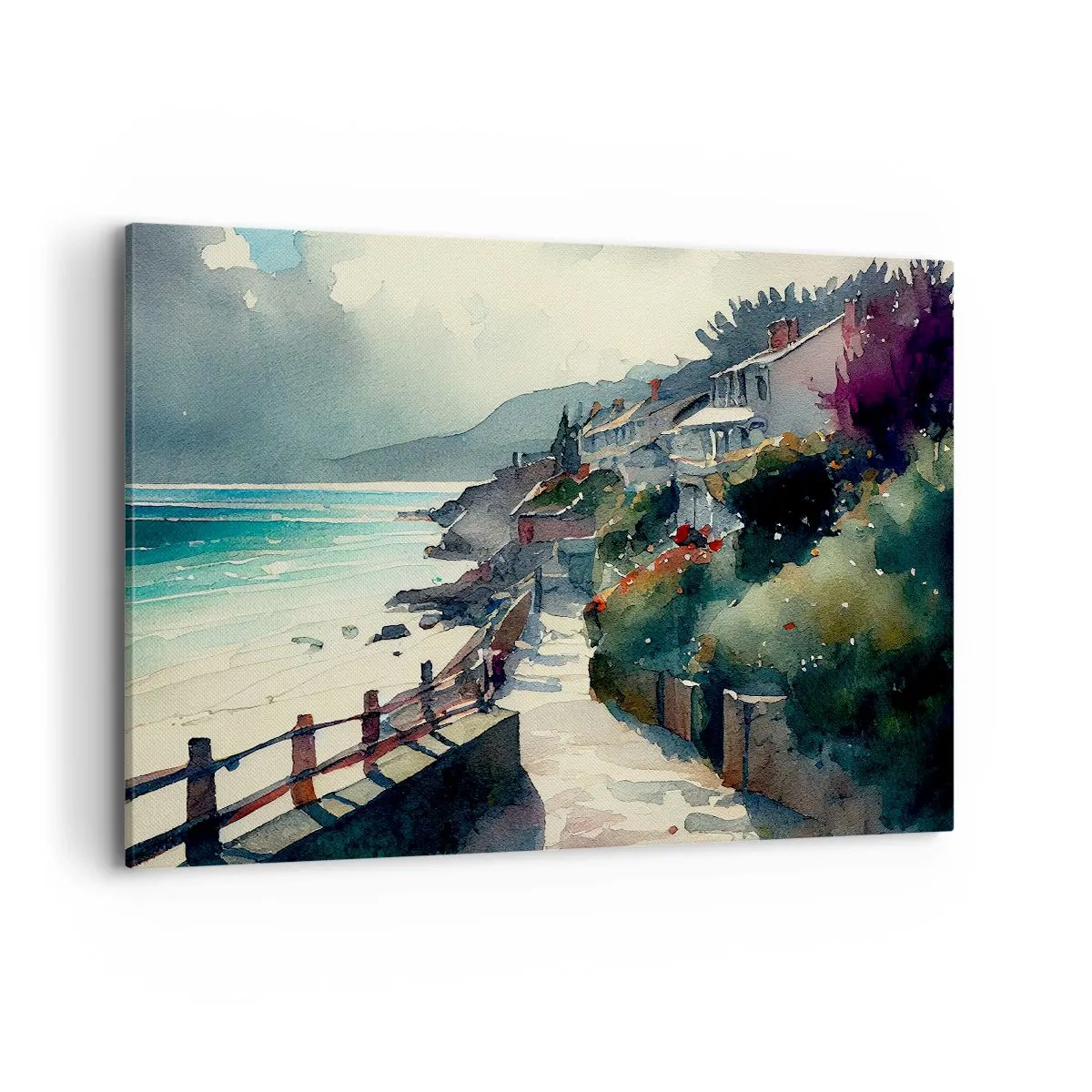 Impression sur toile - Image sur toile - Promenade en bord de mer avec maisons et végétation - 100x70cm - Ville méditerranéenne - Décoration murale moderne pour le salon et la chambre ARTTOR