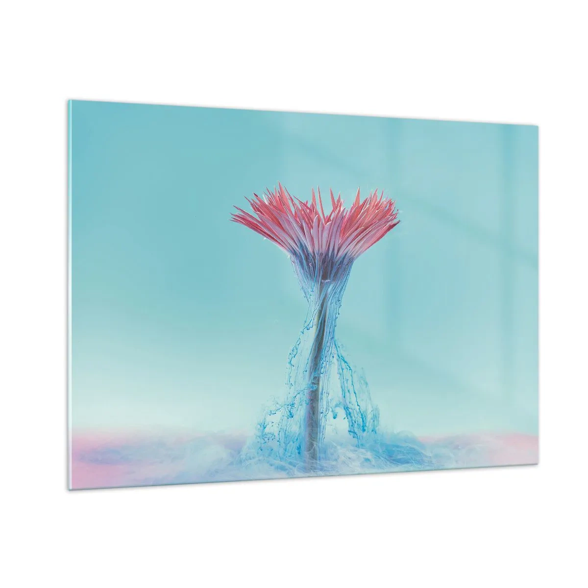 Impression sur verre - Image sur verre - Une fleur fantaisiste plongée dans une brume bleue et rose - 100x70cm - Dans une étreinte vivifiante - Décoration murale moderne pour le salon et la chambre ARTTOR