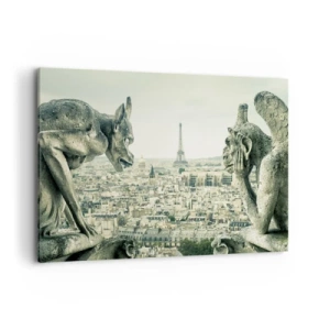 Impression sur toile - Image sur toile - Gargouilles surplombant les toits de Paris et la Tour Eiffel - 120x80cm - Bavardage parisien - Décoration murale moderne pour le salon et la chambre ARTTOR