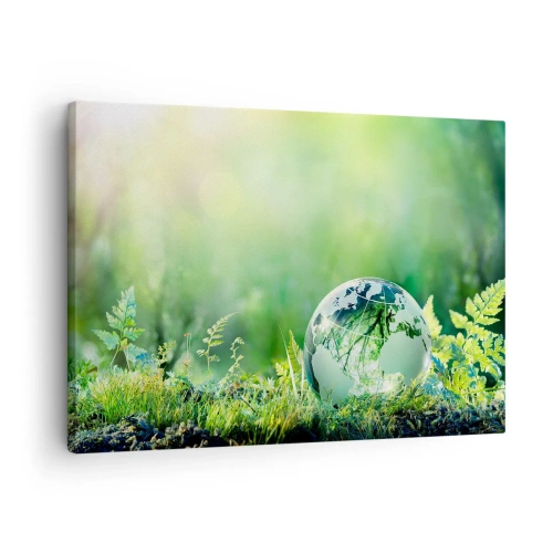 Impression sur toile - Image sur toile - Un globe de cristal parmi la verdure de la nature - 70x50cm - La planette verte - Décoration murale moderne pour le salon et la chambre ARTTOR