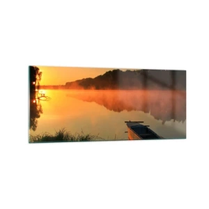 Impression sur verre - Image sur verre - Brouillard matinal sur la rivière avec un bateau sous les rayons du soleil - 120x50cm - Lever du soleil sur l'eau comme un miroir - Décoration murale moderne pour le salon et la chambre ARTTOR