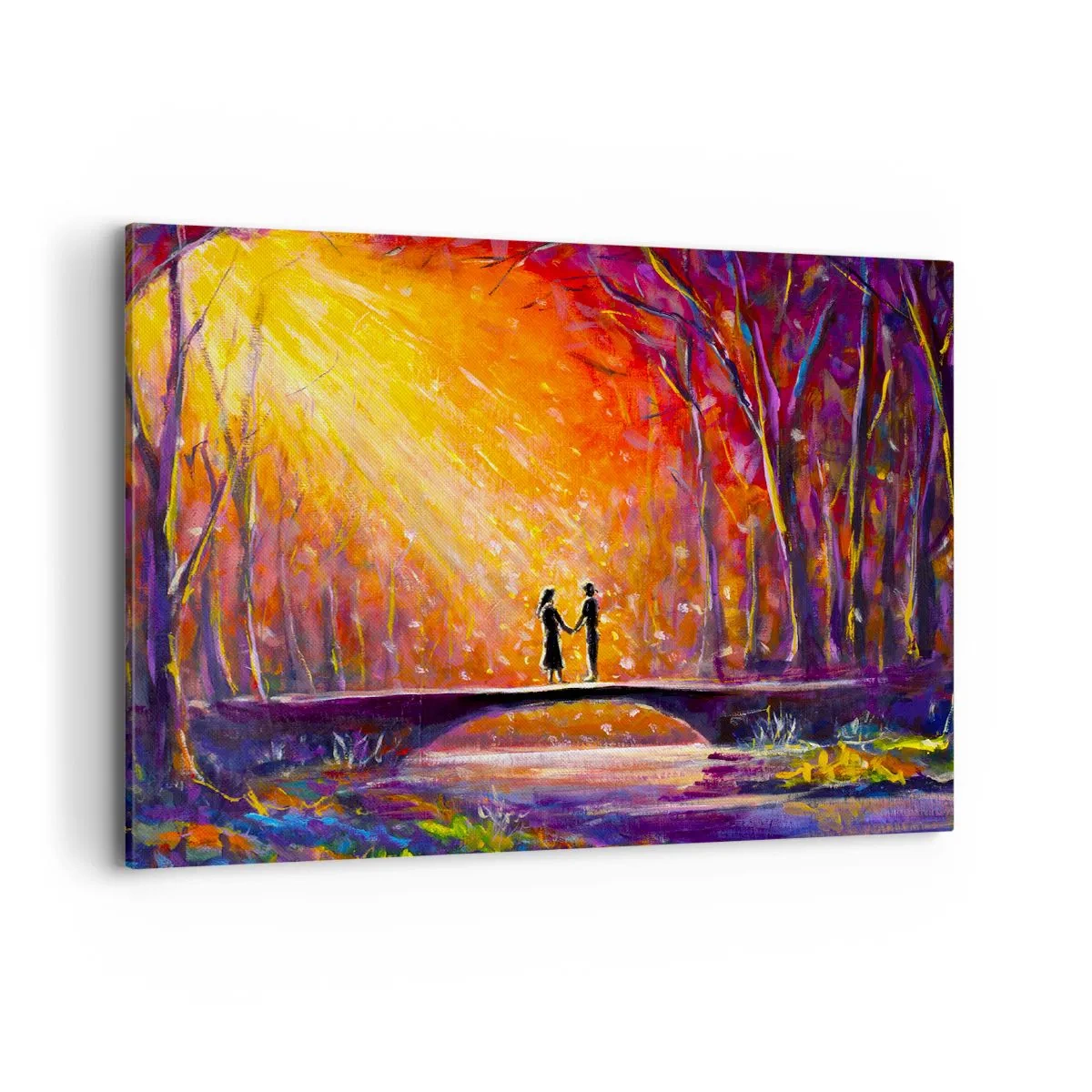 Impression sur toile - Image sur toile - Couple romantique sur un pont dans la forêt d'automne - 100x70cm - Le ciel les aime aussi - Décoration murale moderne pour le salon et la chambre ARTTOR