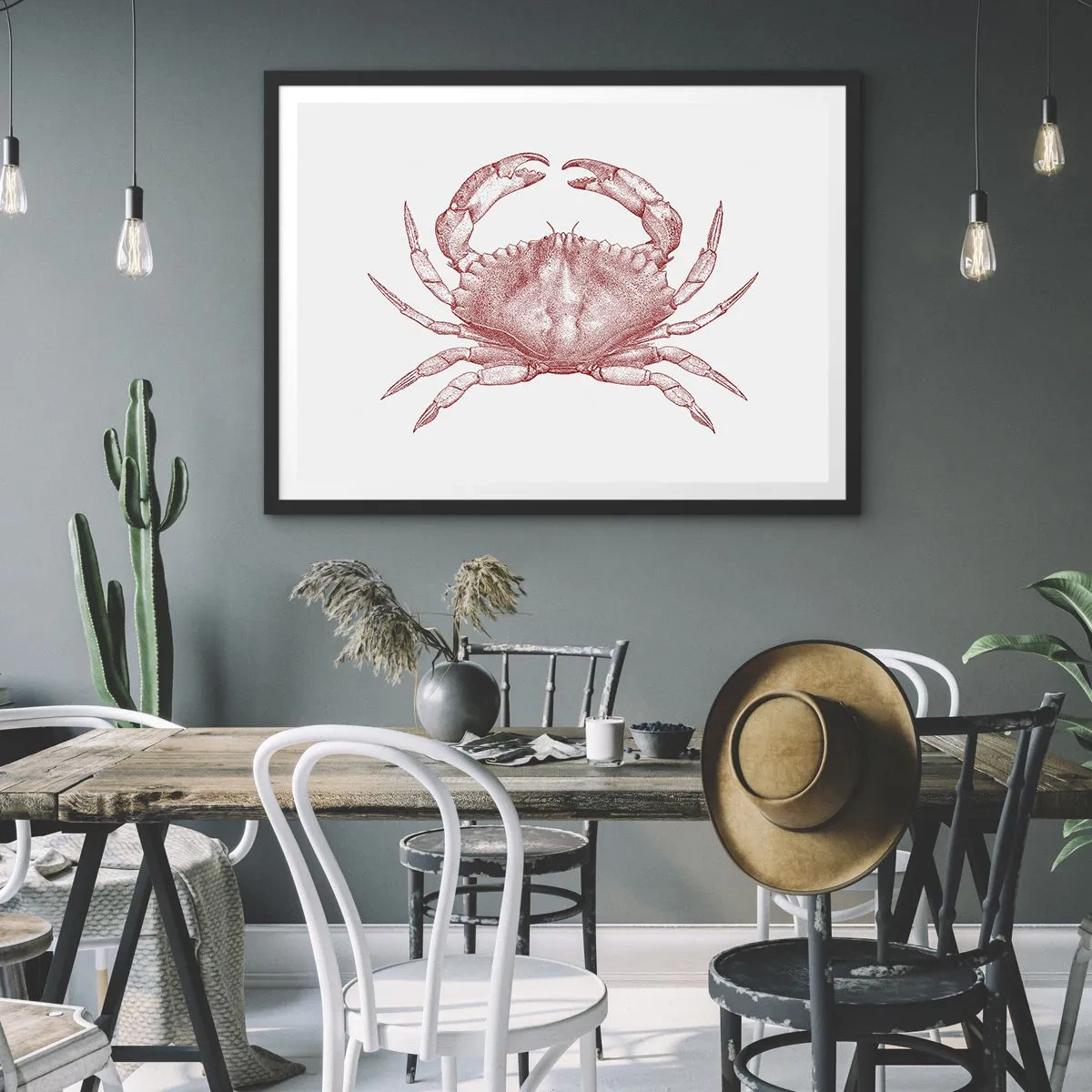 Affiche dans un cadre noir - Poster - Dessin d'un crabe dans une teinte rouge - 100x70cm - Le crabe des crabes - Décoration murale moderne pour le salon et la chambre ARTTOR
