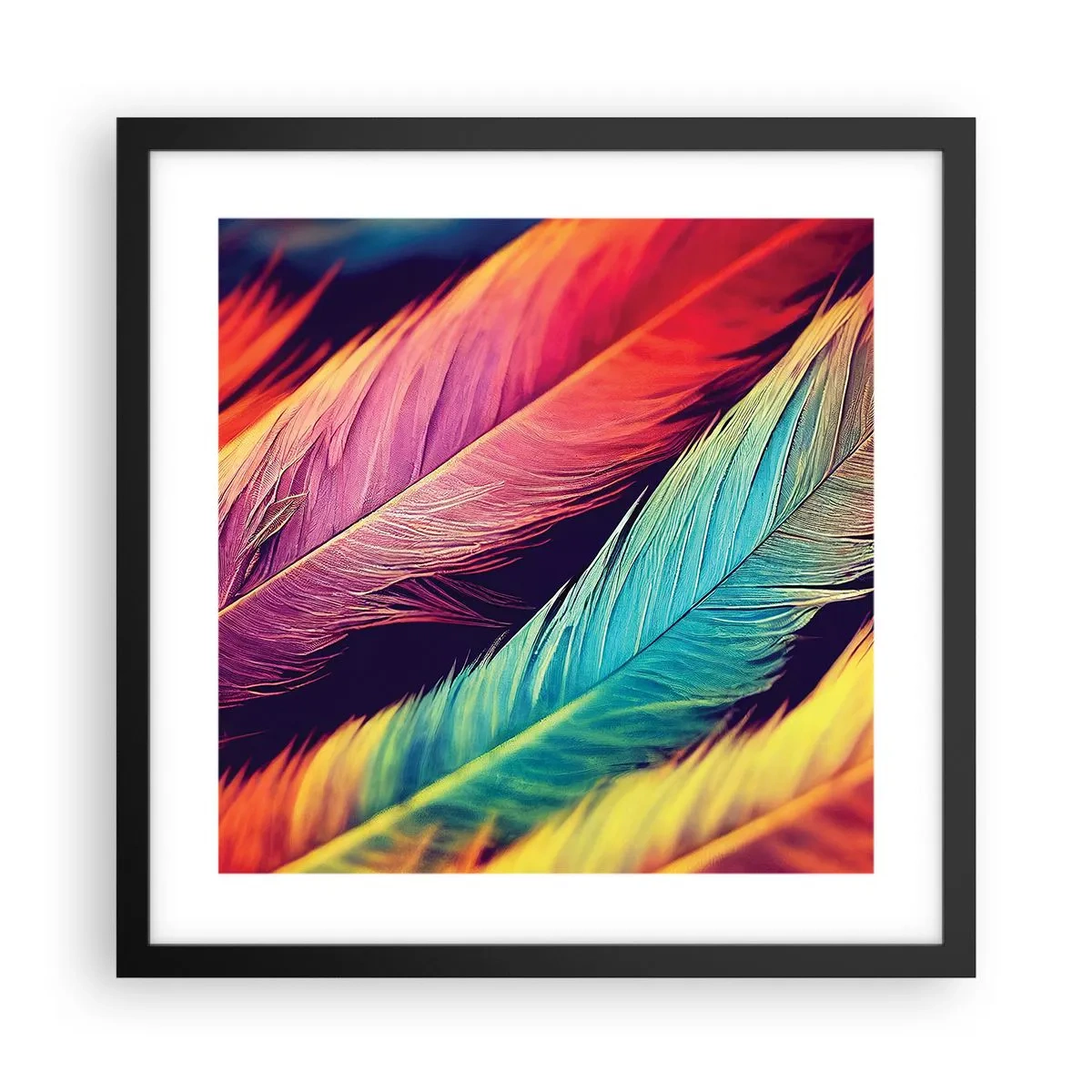 Affiche dans un cadre noir - Poster - Arc-en-ciel de plumes - 40x40 cm