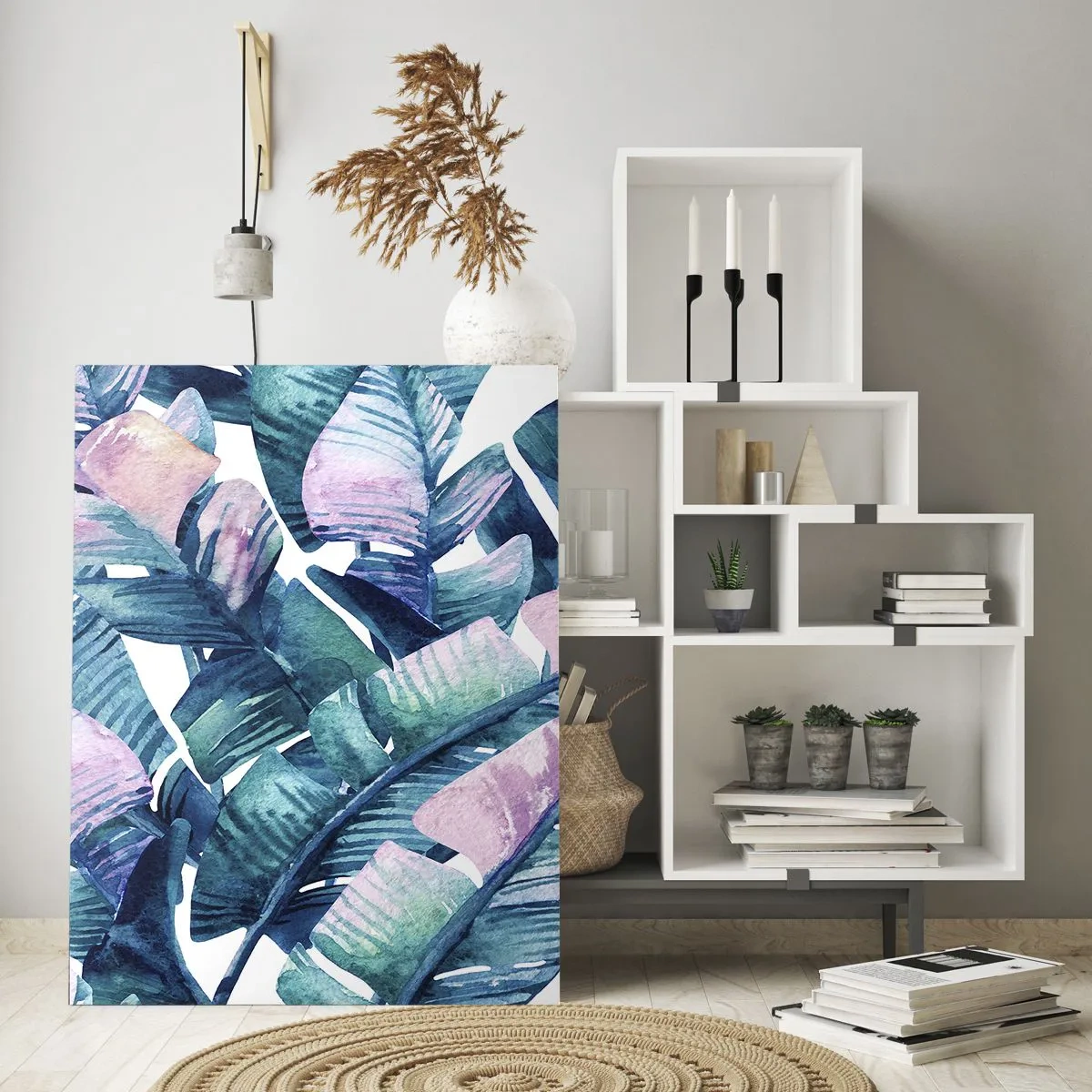 Impression sur verre - Image sur verre - Feuilles de bananier dans les tons bleu et rose - 70x100cm - Dans une bananeraie - Décoration murale moderne pour le salon et la chambre ARTTOR