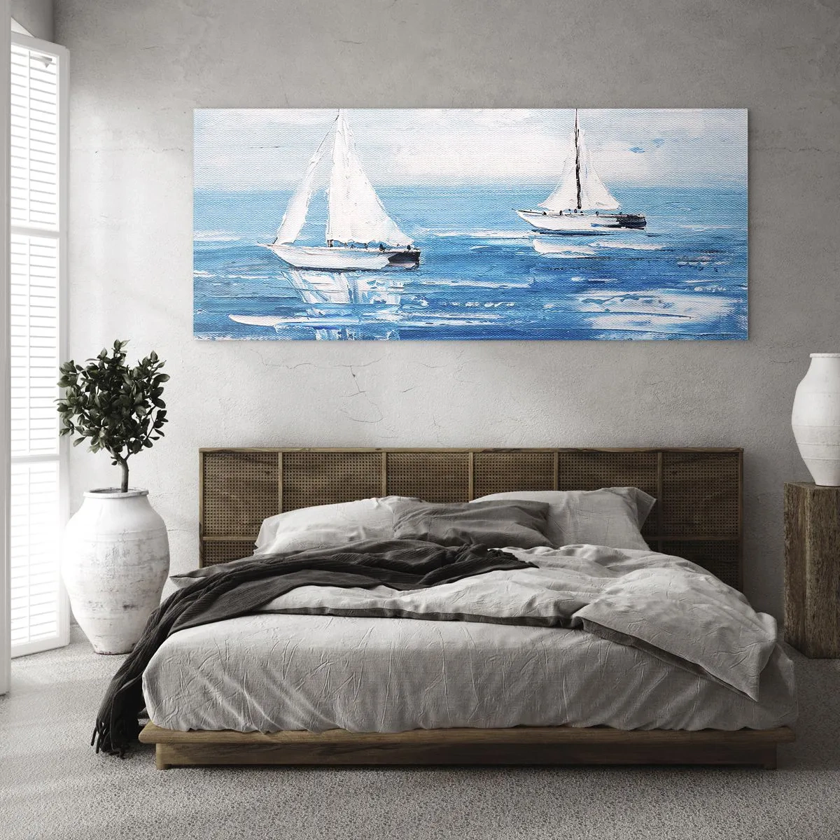 Impression sur verre - Image sur verre - Yachts sur la mer bleue dans un style artistique - 160x50cm - Avec un ami à mes côtés - Décoration murale moderne pour le salon et la chambre ARTTOR