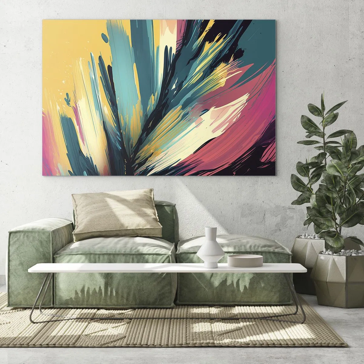 Impression sur verre - Image sur verre - Coups de pinceau dynamiques aux couleurs vibrantes - 120x80cm - Composition – une explosion de joie - Décoration murale moderne pour le salon et la chambre ARTTOR