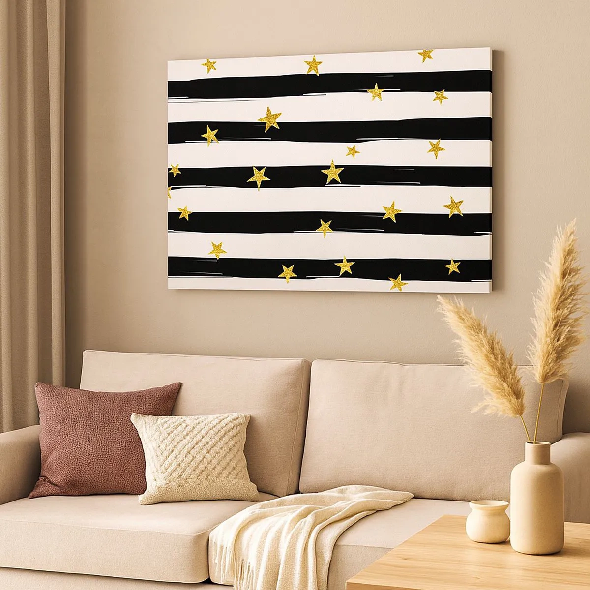 Impression sur toile - Image sur toile - Rayures noires et blanches avec étoiles dorées - 70x50cm - Nous sommes tous nés sous une bonne étoile - Décoration murale moderne pour le salon et la chambre ARTTOR