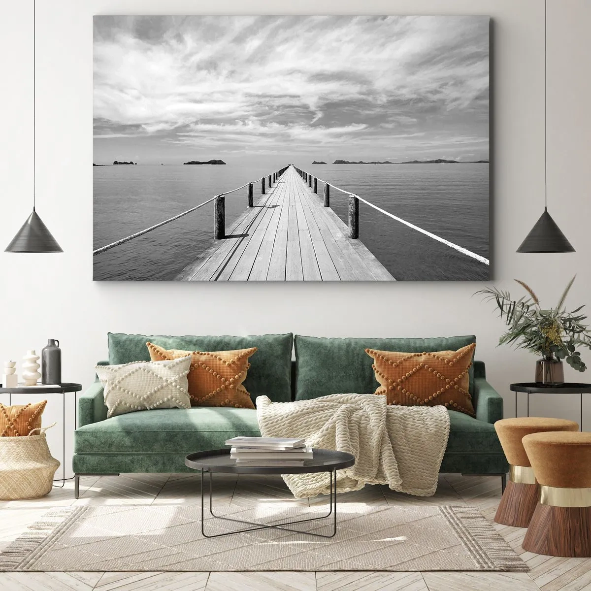 Impression sur toile - Image sur toile - Une jetée en bois menant au loin sur une mer calme - 100x70cm - Et peut-être un voyage... - Décoration murale moderne pour le salon et la chambre ARTTOR