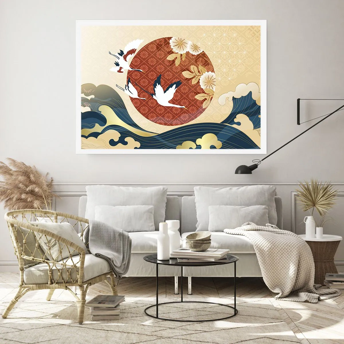 Affiche - Poster - Composition japonaise avec des grues et des vagues - 100x70cm - Conte japonnais - Décoration murale moderne pour le salon et la chambre ARTTOR